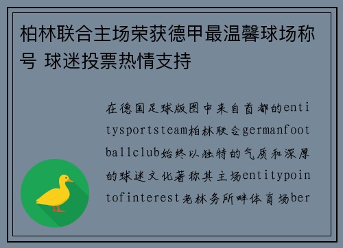 柏林联合主场荣获德甲最温馨球场称号 球迷投票热情支持
